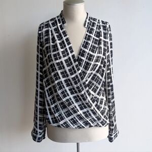 Black and White Checkered Wrap Blouse
